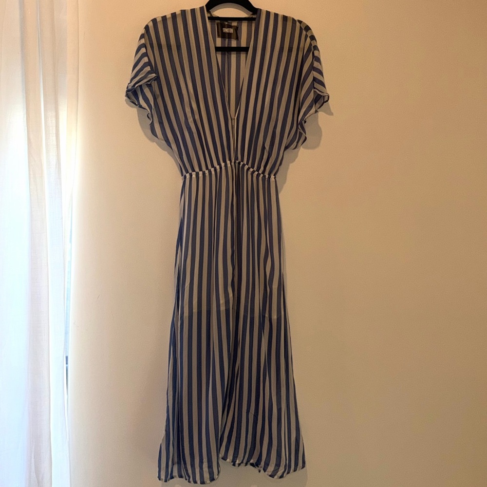 Reformation Blue and White Striped V-Neck Midi Dress - Picture 6 of 6
